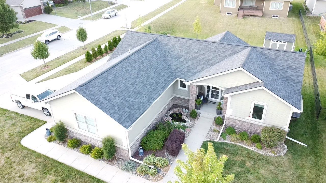 grey roof shingles in a Birds Eye view on home